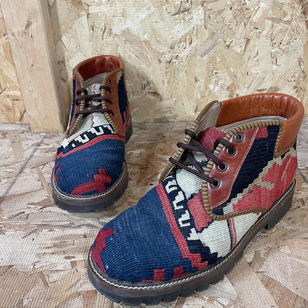 Vintage Leather Ankle Lace Up Boots Size 8.5 Kilim Woven Rug Shoes Artisan Aztec